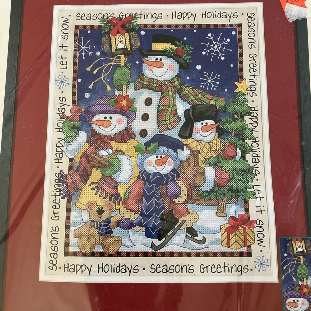 DIMENSIONS 8665 Stamped Cross Stitch Kit SNOWMEN GREETINGS 2001 Christmas NEW - Picture 2 of 4